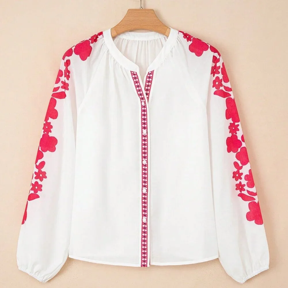 White Casual Women's Floral Embroidery Puff Sleeve Button-Up Shirt - Picture 3 of 8